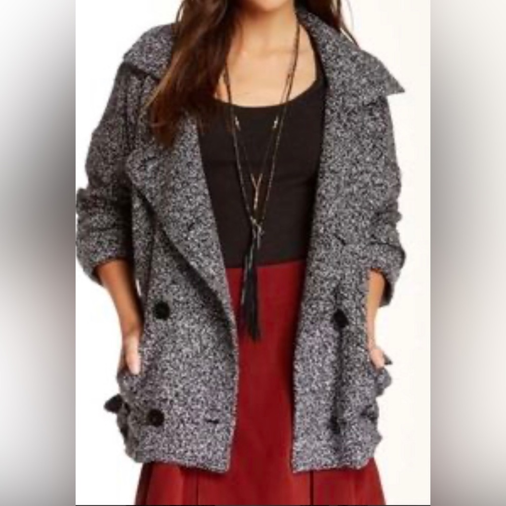 Free People Wool Blend  Jacket L Pea Coat Slouchy Moto Trench Black Boucle